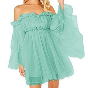 Romantic‎ Fairycore Organza Tulle Aqua Off-Shoulder Mini Dress Size M